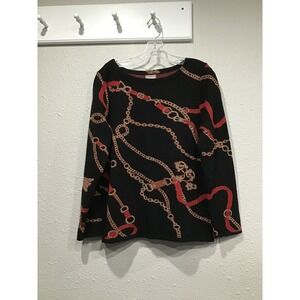 Chicos Black Jacquard Equestrian Bridle Chain Sweater Metallic Red Gold Sz L / 2